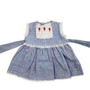 Nannette Toddler Girls Dress 2T Blue White Lace Red Flowers Short Sleeve USA